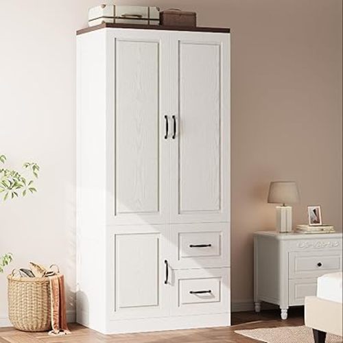 Armoire Wardrobe Closet, 71 Inches Tall Wooden Modern Bedroom Armoires with 3 Doors and 2 Drawers, Freestanding Wardrobe Combination Clothing Cabinet with Hanging Rod, White