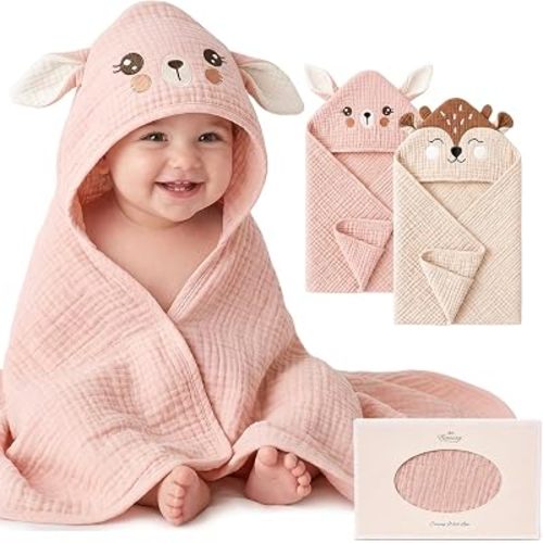 Konssy 2-Pack Muslin Baby Towels with Animal Hooded Design, 32 x 32 in