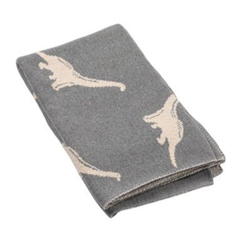 Storied Home Cotton Knit Baby Blanket with Dinosaurs, Light Grey and Natural