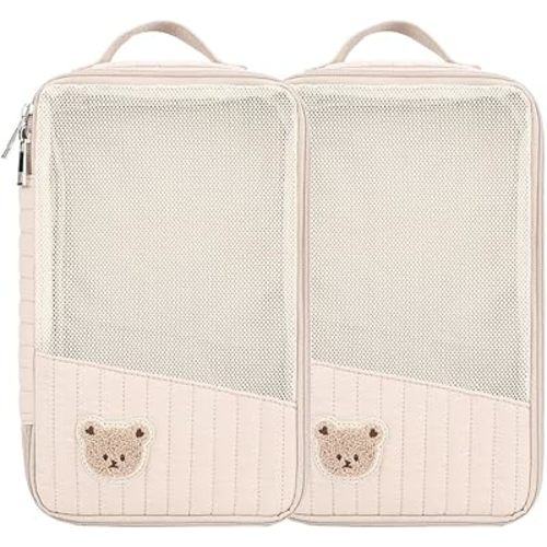 MOMIGO Baby Diaper Bag Organizer Pouches - 2 Pack Waterproof Pod Hanging Diaper Bag Cute Rabbit Bear Mesh Bag Reusable, Washable or Baby Cloth Diapers (Khaki)