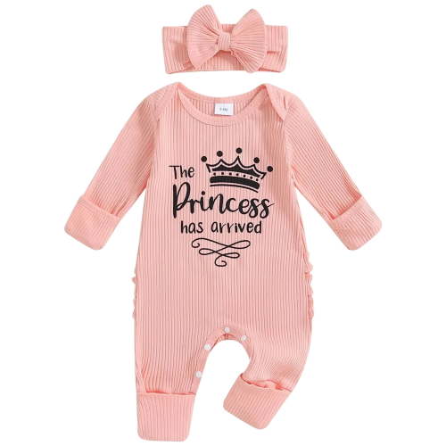 Ulanda Im New Here Outfit Girl Long Sleeve Letter Romper Ribbed Knit Jumpsuit Baby Girl Preemie Coming Home Outfit (Pink, NewBorn)