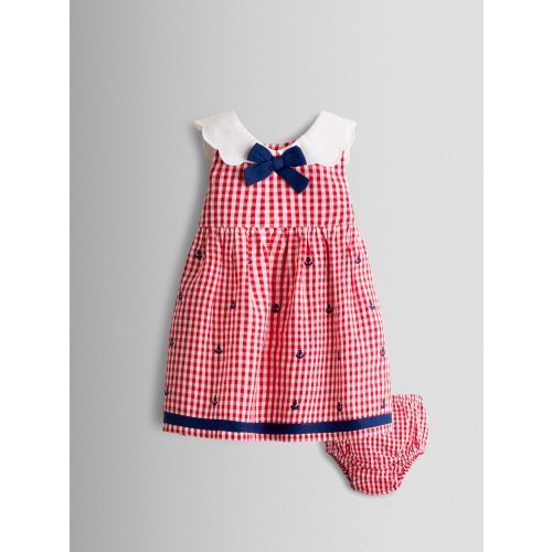 JoJo Maman Bébé Red Gingham Nautical Embroidered Sailor Baby Dress