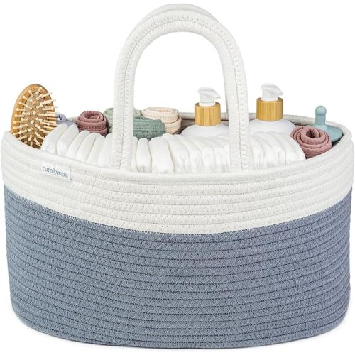 Comfy Cubs Rope Diaper Caddy Organizer 8.5" x 15" x 8" - Large Baby Diaper Basket with 3 Spacious Compartments - Stylish Cotton Baby Caddy Organizer for Diapers, Wipes & Essentials - Pacific Blue