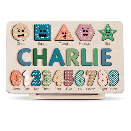 Personalized Wooden Name Puzzle with Numbers & Shapes – Forest – Zuzu Puzzle