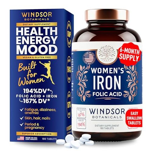 Iron and Folic Acid Supplements for Women - 35mg Gentle Iron Vitamin, Folic Acid 400mcg - Anemia, Period, Pregnancy Support Supplement, Ferrous Sulfate Pills - 180 Vegan Non-Constipating Tablets