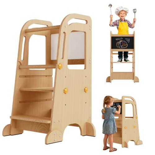 G TALECO GEAR Toddler Tower with Chalkboard, Toddler Kitchen Kids Step Stool Helper, Wooden Stool with Rounded Corner Protection Design, Nature
