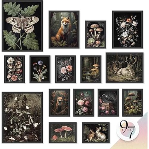 97 Decor 16 Pcs Dark Cottagecore Decor - Large Cottage Core Wall Art, Moody Woodland Forest Decorations Mushroom Posters For Room Aesthetic Pictures, Vintage Nature Prints For Home Bedroom (Unframed)