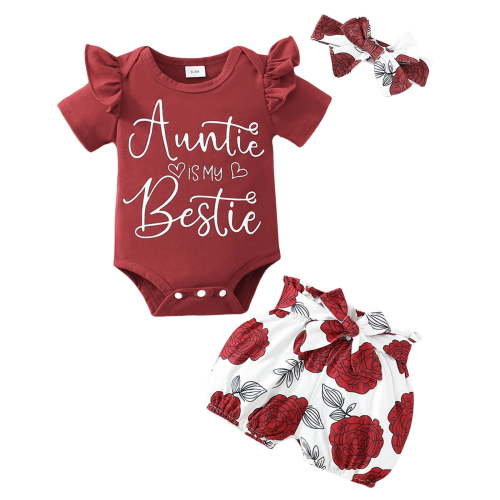 FAOWME Child Baby Girls Clothes Summer Outfit Sets Short Sleeve Daddy Mama Saying Romper Floral Shorts Headband Birthday O-Neck Dailywear