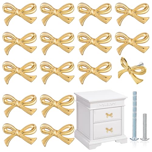 MorningRo 16 Pcs Gold Bow Drawer Knobs Brass Bow Knobs for Dresser Decorative Brass Drawer Pulls Vintage Cabinet Handles for Home Bedroom Kitchen Cabinets Hardware Cupboard (Large Size)
