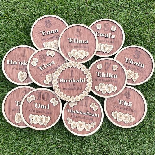Engraved Layered Kalo Hawaiian Wooden Baby Milestone Disc Set (12 months; Kalo/Taro)