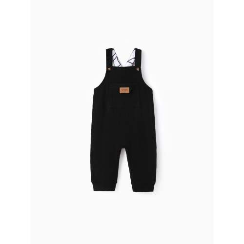Baby Boy Waffle Letter Patched Pocket Front Overalls Black