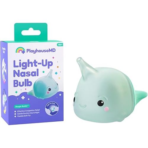 Playhouse MD Booger Buddy Nasal Aspirator Bulb, Narwhal - with LED Light for Babies & Toddlers – BPA-Free Snot Remover for Infant Stuffy Nose and Congestion Relief – Easy to Clean Design