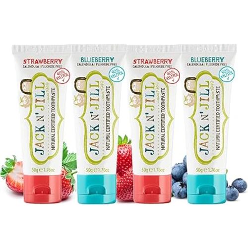 Jack N' Jill Natural Toothpaste for Baby and Infants - Fluoride Free Training Toothpaste, 40% Xylitol, BPA Free - Strawberry & Blueberry, 1.76 oz (Pack of 4)