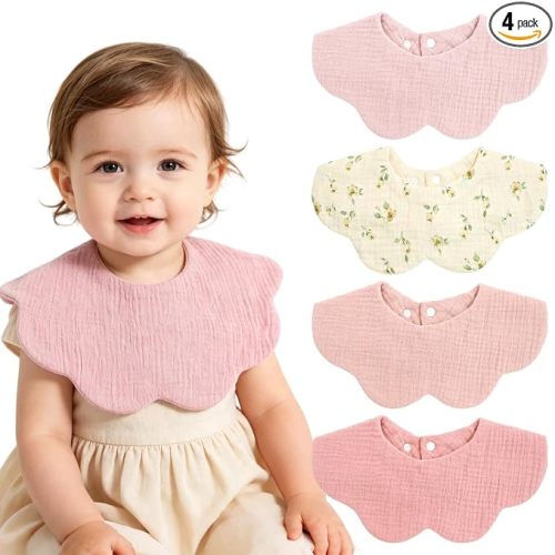 Muslin Baby Bibs, 4 Pack Bibs for Baby Girl, Adjustable 100% Cotton Soft Drool Bibs for Toddlers, Newborn Baby Girl Bib for Drooling and Teething