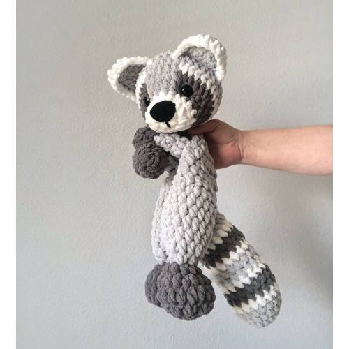 Crochet Raccoon Snuggler: Plush Light Gray Chenille Lovey