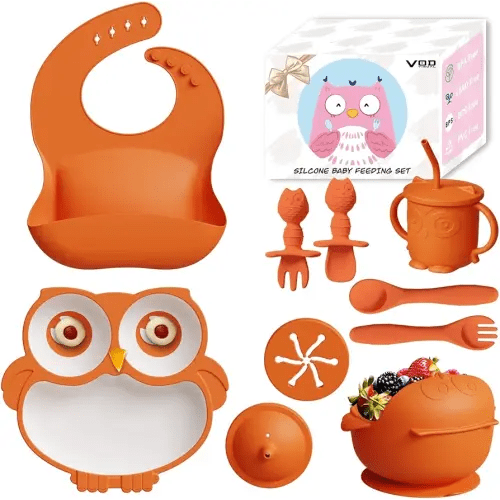13Pcs Silicone Baby Feeding Set - Baby Spoon, Baby Bowls, Baby Plates with Suction, Baby Bib, Toddler Cups with Replaceable Lids (Orange)