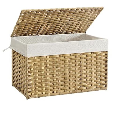 SONGMICS Storage Basket with Lid, 27.7 Gallon (105L) Storage Bin, Woven Blanket Storage Basket with Handles, Foldable, Removable Liner, Metal Frame, for Bedroom, Laundry Room, Natural URST066N01