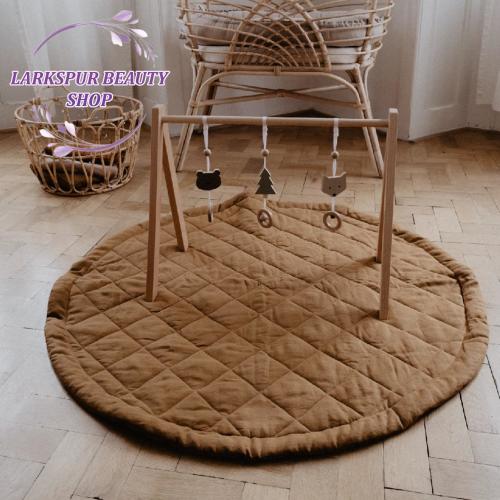 Rustic Linen Baby Play Rug, Round Linen Quilted Playing Rug, Linen Floor Padded Rug Playmat, Soft Linen Nursery Floor Rug, Baby Shower Gifts