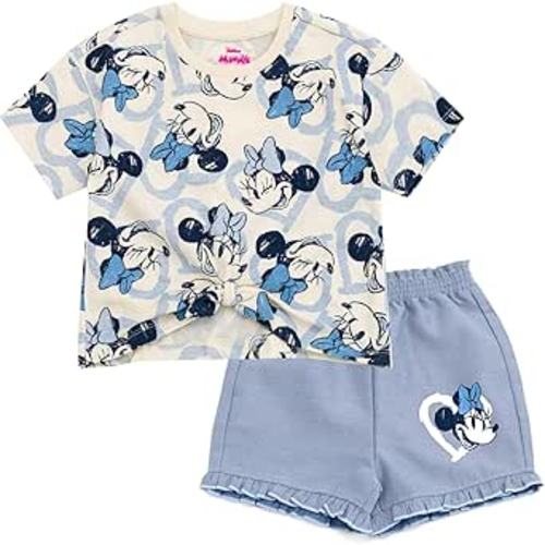 Disney Minnie Mouse Rainbow Floral T-Shirt and Chambray Shorts Outfit Set Infant to Big Kid Sizes (12 Months - 14-16)