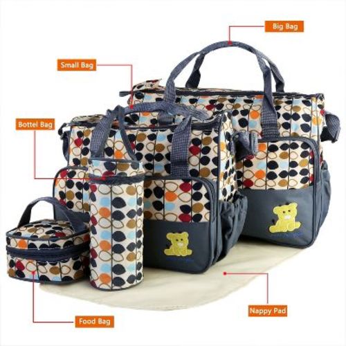 5PCS Baby Nappy Diaper Bags Set Mummy Diaper Shoulder Bags w/ Nappy Changing Pad Insulated Pockets Travel Tote Bags For Mom Dad