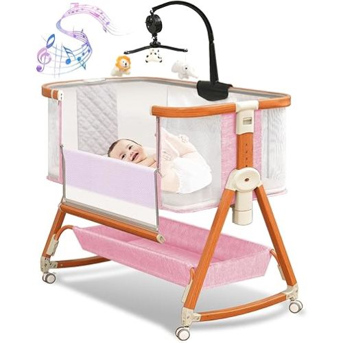 3 in 1 Bassinet,Baby Bassinets Bedside Sleeper with Musical Toy,Adjustable Height Bedside Bassinet for Baby with Wheels and Storage Basket,4-Sided Mesh Bedside Crib for Newborn 0-6 Months (Pink)