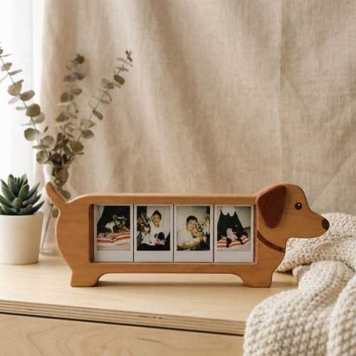 Wooden Dachshund Photo Frame, 4 Slot Instax Mini Picture Holder, Sausage Dog Gift, Cute Puppy Nursery Decor, Pet Memorial Display Stand