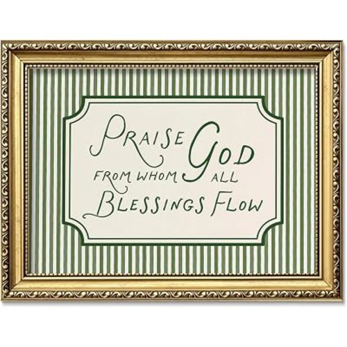 Vintage Gold Framed Christian Wall Art, Praise God From Whom All Blessings Flow Bible Verse Canvas Prints, Sage Green Scripture Painting Religious Wall Decor for Living Room Bedroom 8x10 Inch