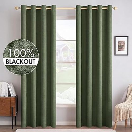 MIULEE 100% Blackout Linen Textured Curtains for Bedroom Solid Thermal Insulated Olive Green Grommet Room Darkening Curtains & Drapes Luxury Decor for Living Room Nursery 52 x 84 Inch (2 Panels)