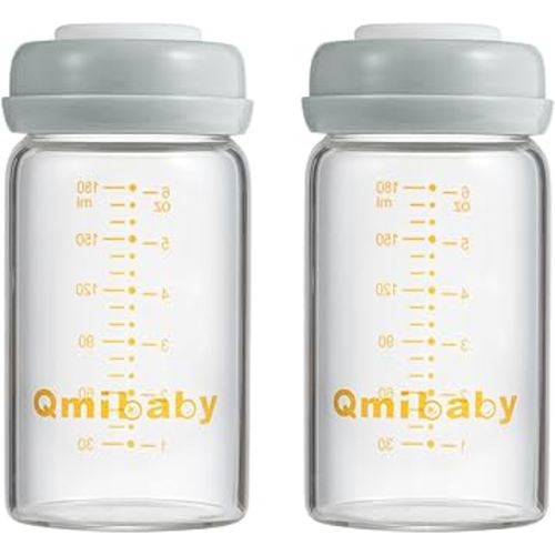 Glass Breastmilk Storage Bottles 180ml 6oz BPA-Free Leak-Proof Natural Baby Bottle for Breastmilk Storage Wide Neck Bottles with Screw Ring Sealing Disk Breastfeeding (Grey, 180ml-2Packs)