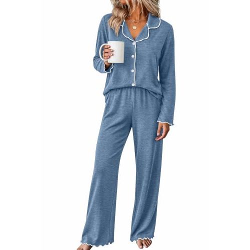 WIHOLL Women's Pajamas Sets Cute Ruffle Long Sleeve Button Up 2 Piece Pjs | Ruffle Trim Breathable Soft Lounge Sets, Wrinkle Resistance Easy Care, Fall Winter Spring Sleepwear, Cozy Postpartum Pajamas