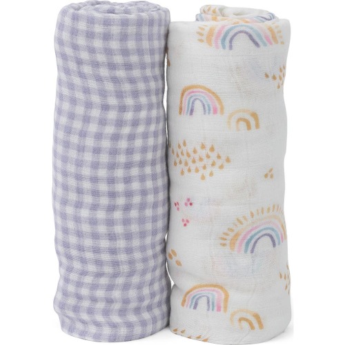little unicorn 2-Pack Muslin Swaddle Blanket, Rainbow Gingham