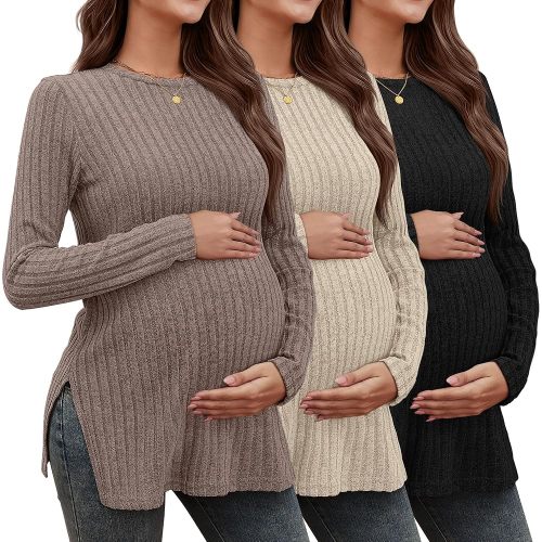 3 Pack Women's Maternity Shirts, Ribbed Long Sleeve Pregnancy Sweaters Knit Split Side Crew Neck Tunic Tees Tops