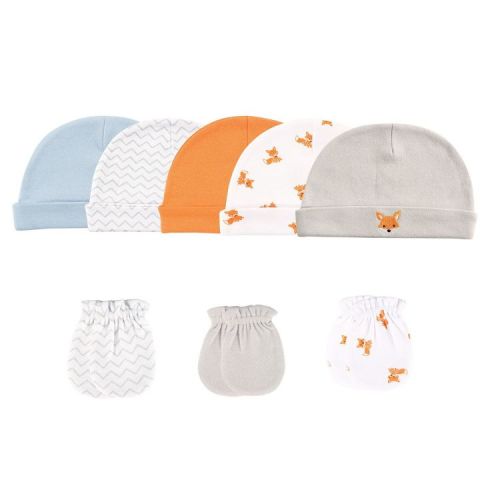 Luvable Friends Baby Boys Cotton Caps and Scratch Mittens 8pk, Fox, 0-6 Months