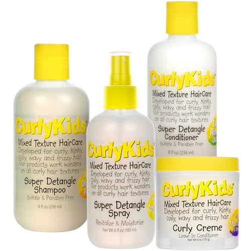 CurlyKids Textured Hair Care Set for Kids, Spray, Shampoo & Creme, 4 Pack | Sulfate & Paraben-Free to Detangle, Hydrate & Revitalize Curly, Frizzy & Wavy Hair