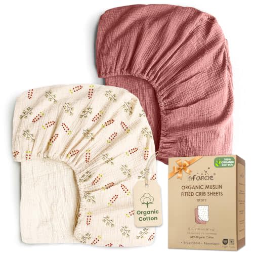 100% Organic Cotton 2 PK Baby Muslin Crib Sheets for Girl 28x52 in | Oeko-TEX Certified, Organic Cotton Crib Sheets, Boy Crib Sheets, Rust/Floral, Unisex Design, Fits mattress snugly