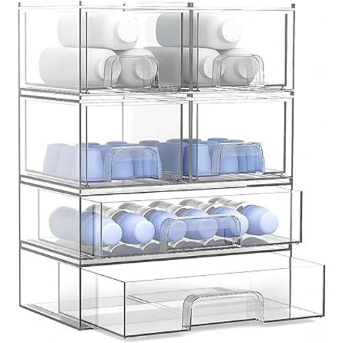 Clear Baby Bottle Organizer Storage Bins with Pull-Out Drawers, 6-Pack Organizer Set with Labels, Premium PET Plastic Storage Organizer for Pantry, Bathroom, Vanity, Cabinet, Countertop