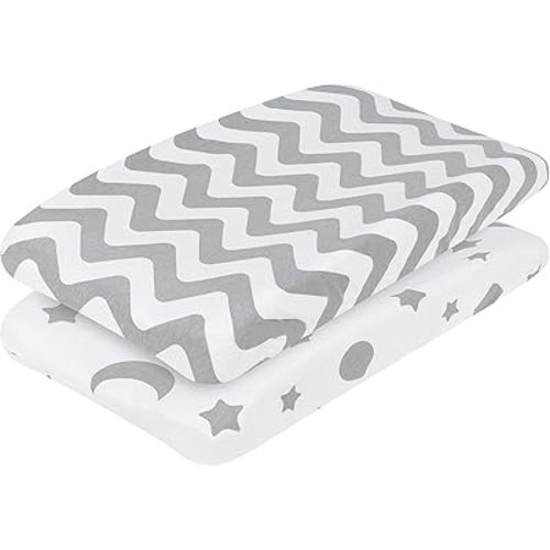 EVERYDAY KIDS 2 Pack Baby Changing Pad Covers for Boys and Girls – Fits Most Changing Table Pads; 100% Cotton Jersey Knit, Breathable, Ultra Soft Changing Table Topper - Gray Moon and Stars + Chevron