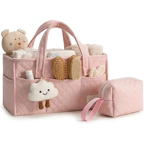 PeraBella Baby Diaper Caddy Organizer, Baby Basket Shower Gift, Portable Changing Table Basket, Postpartum Caddy & Tote Bag Pouch, Newborn Boy & Girl Nursery Essentials Registry, Car Diaper Organizer