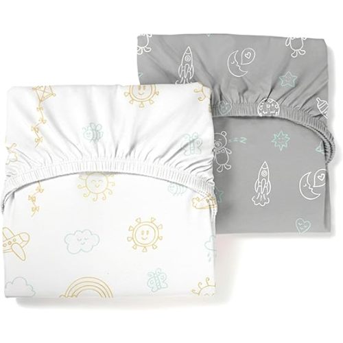 Guava Lotus Travel Crib Sheets (Set of 2) – 100% Organic Cotton Fitted Sheets for Baby Play Yard & Mini Crib Mattress – Super Soft Jersey Knit – Snug Fit & Washable (Grey & White)