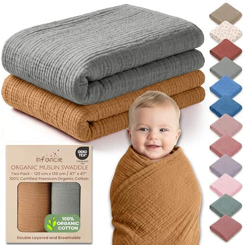 100% Organic Cotton Muslin Baby Blanket - 47 x 47 Inch Breathable Baby Blankets for Girls, Hypoallergenic Double-Layer, Soft and Cozy Newborn Baby Blanket for Sleeping & Everyday (Gold/Sage)