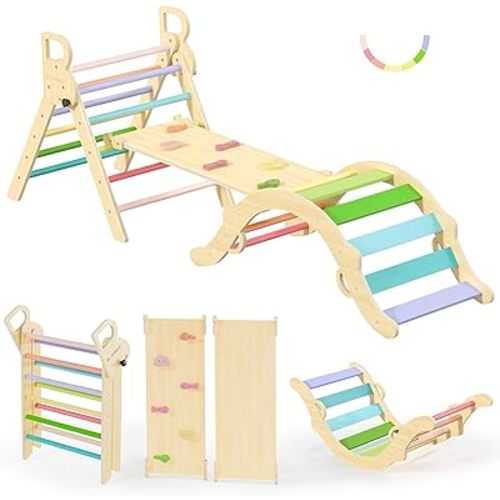 BlueWood Pikler Triangle Set, Toddler Wooden Climbing Toys Indoor 7in1 Foldable Climber for Kids, Montessori Philosophy Play Jungle Gym with Arch, Ramp, Ladder (Colorful Spring)
