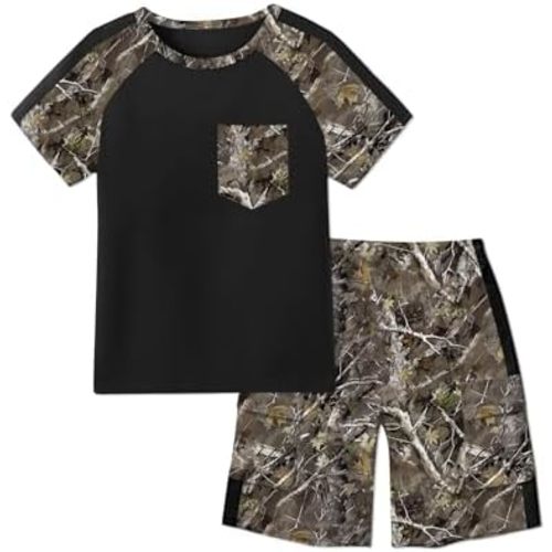 Boys Clothes 2-Piece Summer Outfits Short Sleeve T-shirt and Camouflage Shorts Sets Kids Boys Clothes for 5-14Y