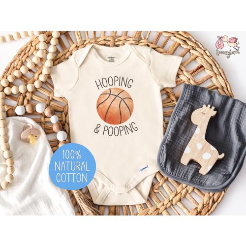Funny Basketball Onesie®, Hooping and Pooping Baby Bodysuit, Natural Cotton Baby Shower Gift for Sports Fan, Bball Game Day Sports Onesie®