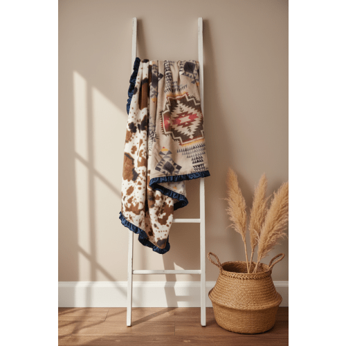 Tan Aztec and Cow Minky Western Blanket