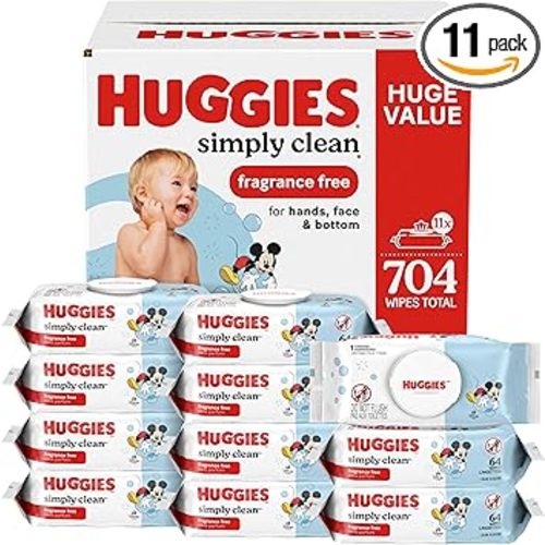 Huggies Simply Clean Unscented Baby Diaper Wipes, 11 Flip-Top Packs (704 Wipes Total), Packaging May Vary