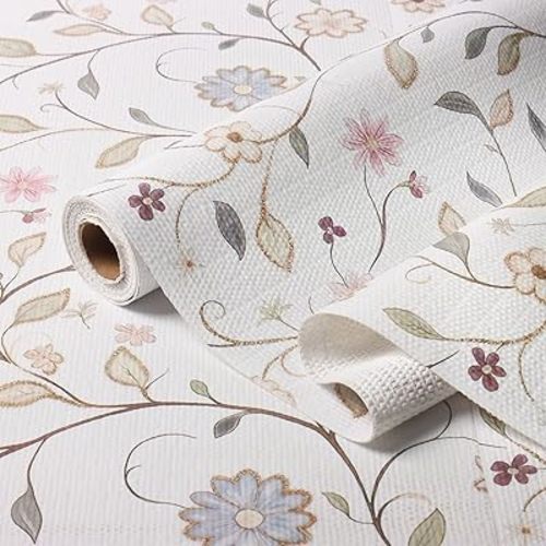 Floral Non-Slip Shelf Liner, 16IN x 10FT Non-Adhesive and Strong Non-Slip Floral Shelf Cabinet Drawer Liners for Kitchen, Waterproof Cupboard Liners,Easy to Clean