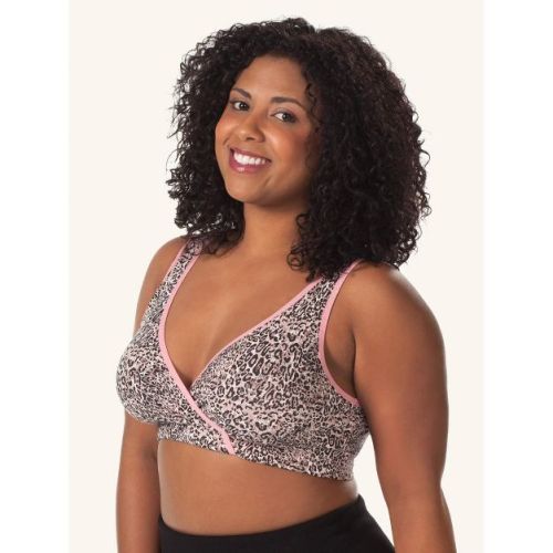 Loving Moments by Leading Lady Women's Crossover Unpadded Pull-Aside Cup Maternity to Nursing Sleep Bra (L316) Leopard with Pink Trim M