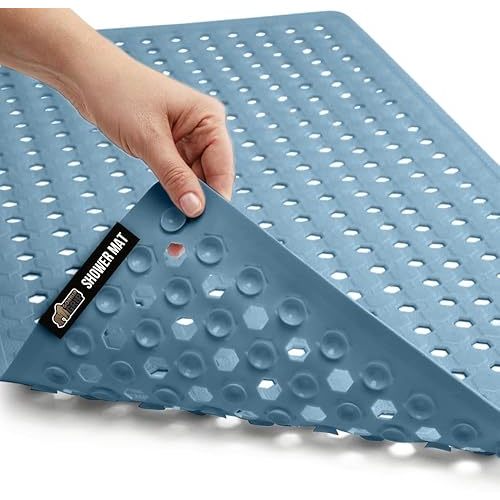 GORILLA GRIP Patented Bath Tub Shower Mat, Machine Washable Bathtub Floor Liner Mats, Suction Cups and Drain Holes to Keep Tubs Clean, Soft on Feet, Bathroom Essentials, 35x16 Inch, Sky Blue Opaque