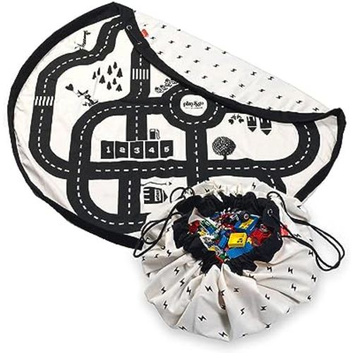 Play & Go Drawstring Play Mat Storage Bag for Children - Kids Toy Storage Organizer - Drawstring Toy Bag - Large 55" Play Mat for Toddlers Toys and Bag for Storage - Roadmap