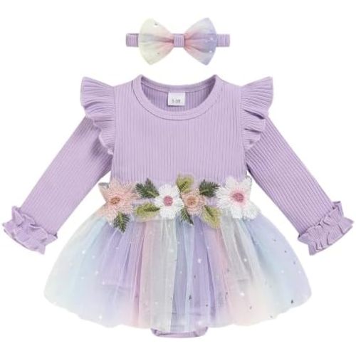 Baby Girl Romper Dress Tulle Skirt Bodysuit with Headband for Infants 0-12M